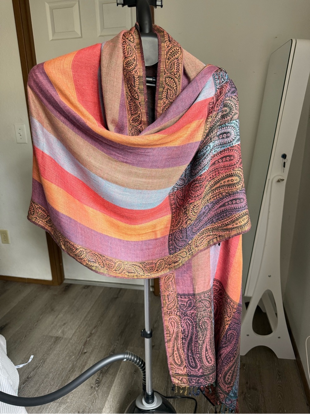 Oversized Paisley Shawl Wrap Scarf Multicolor Striped Fringe 27*81 Boho